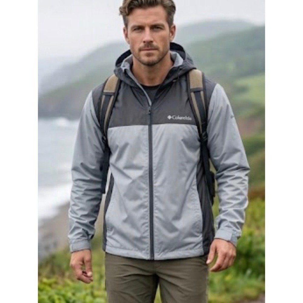Columbia Silver‎ Gray Colorblock Hooded Zip- Up Windbreaker Jacket Mens Large